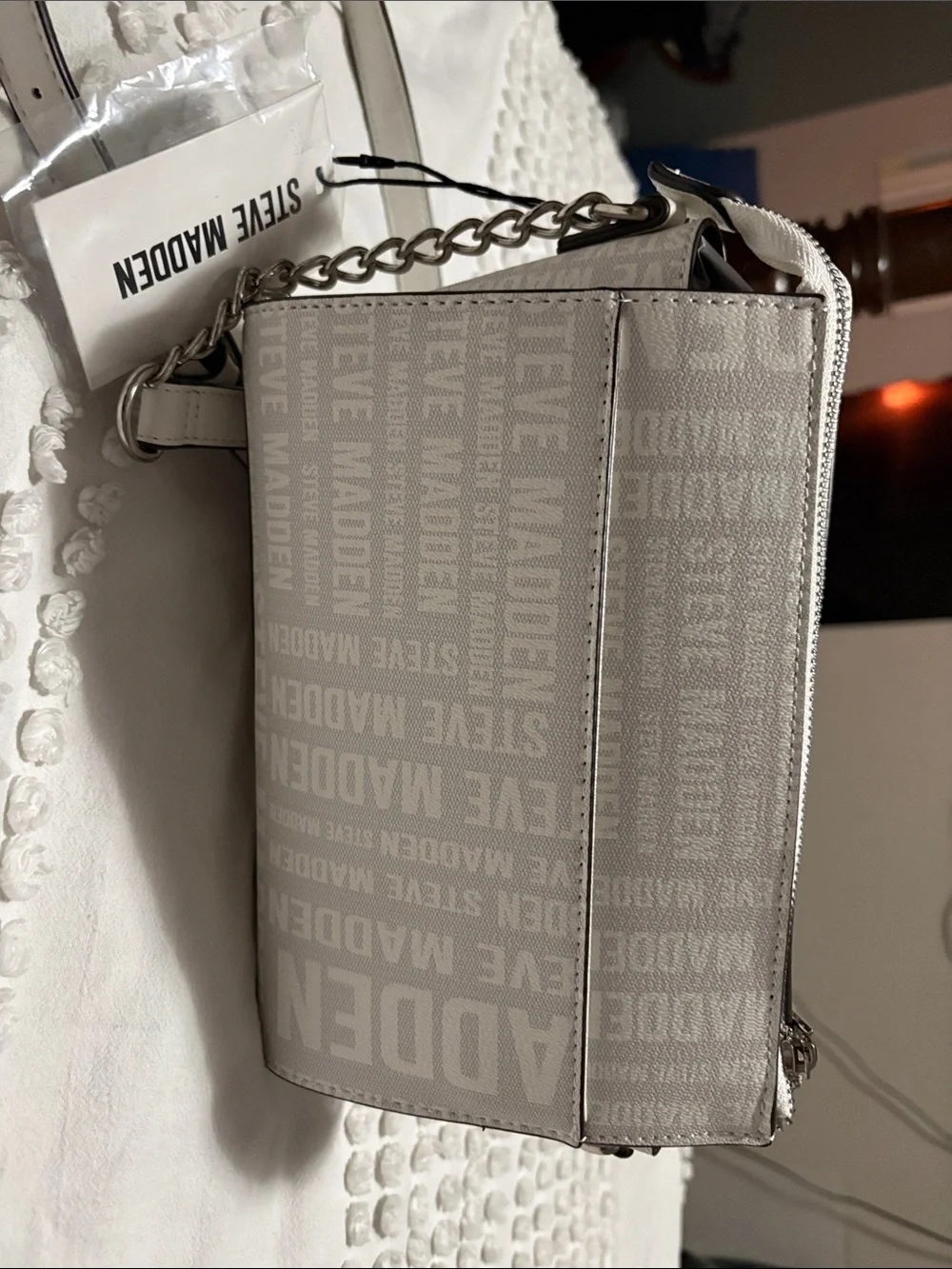 Steve Madden White Logo Print Crossbody Bag